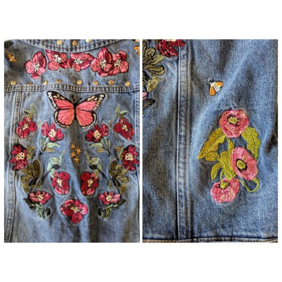 Bagatelle Embroidered Floral Butterfly Bee Trucker Denim Jacket   Sz M - Picture 9 of 10